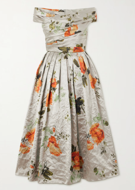 Erdem Off-The-Shoulder Floral-print Metallic Crinkled-satin Midi Dress