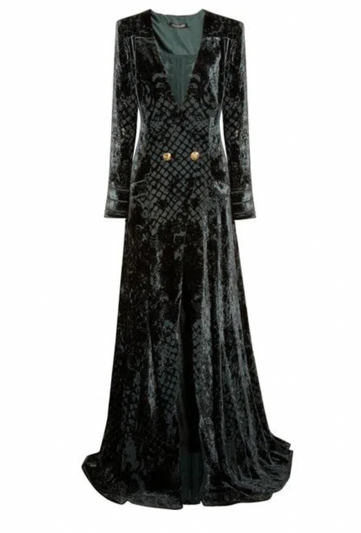 Dark Green Velvet Devore Deep V-Neck Gown