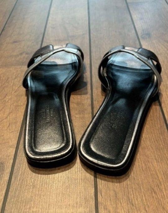 Hermes Black Leather Oran Sandals