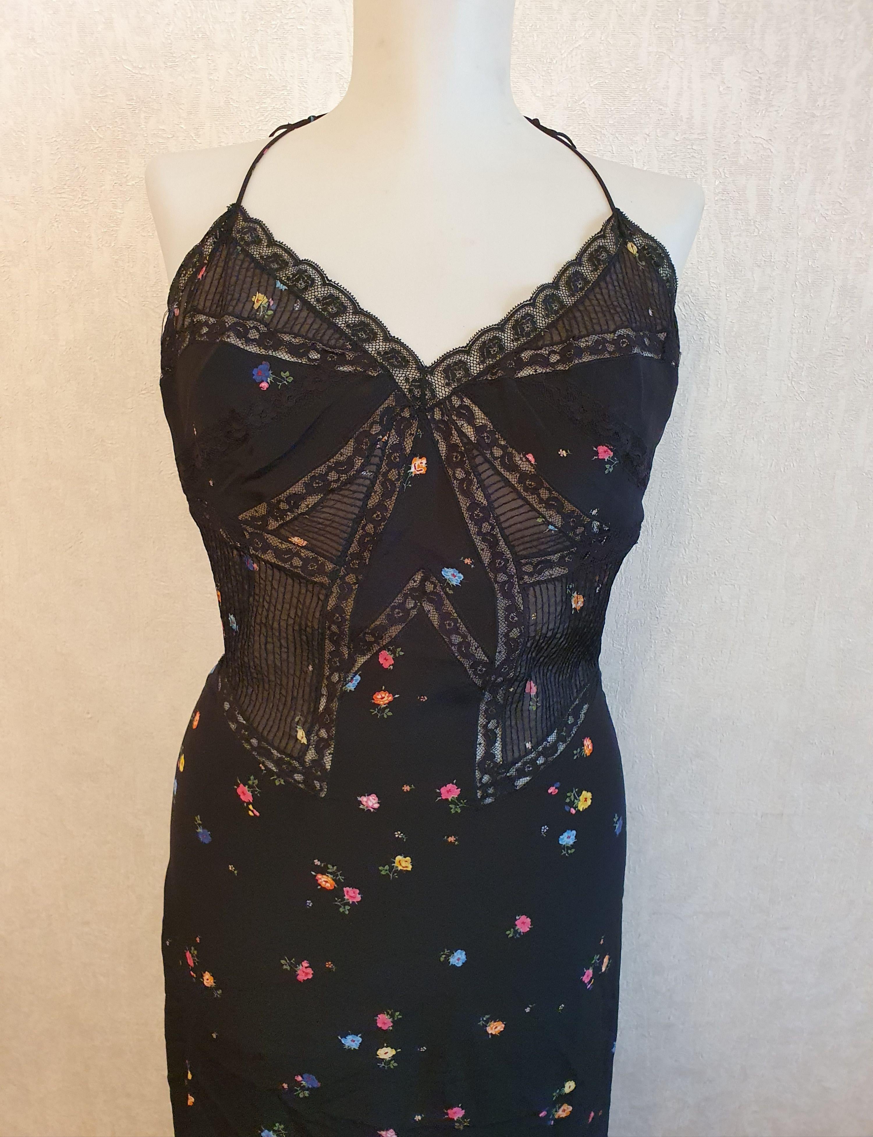 Black floral silk crepe & lace slip dress