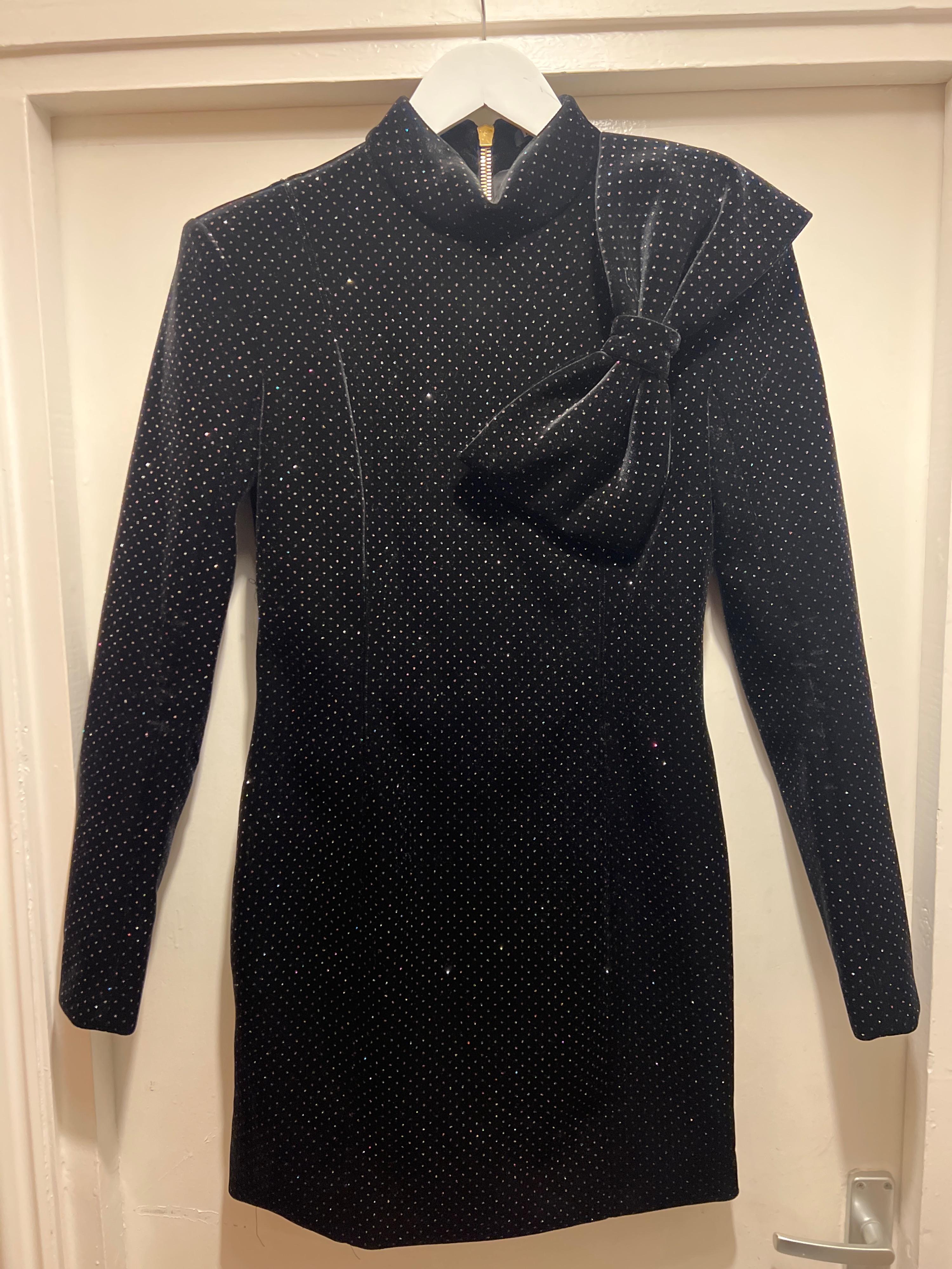 Balmain Black Velvet Embellished Mini Dress with Bow Detail