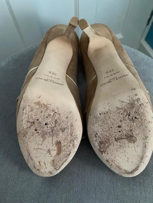 Jimmy Choo Beige Suede Peep Toe Heeled Pumps