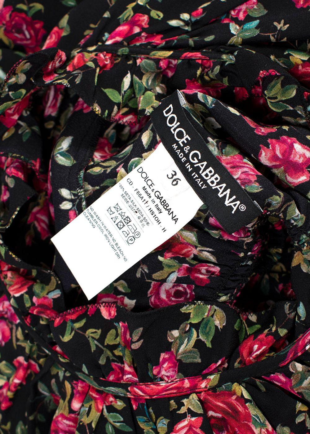 Dolce & Gabbana Black and Rose Floral Midi Silk Dress