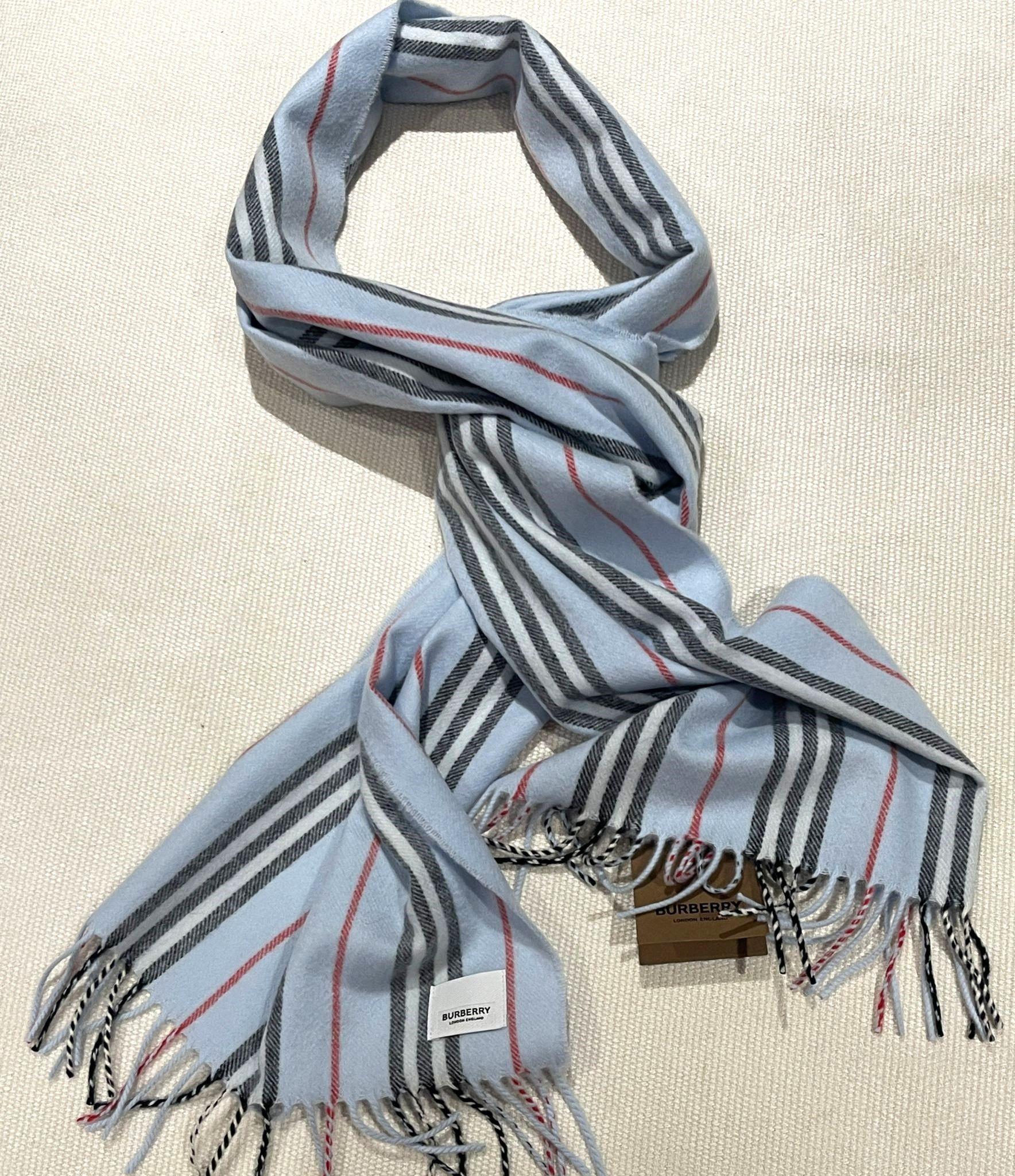 Burberry Blue Cashmere Blend Striped Scarf