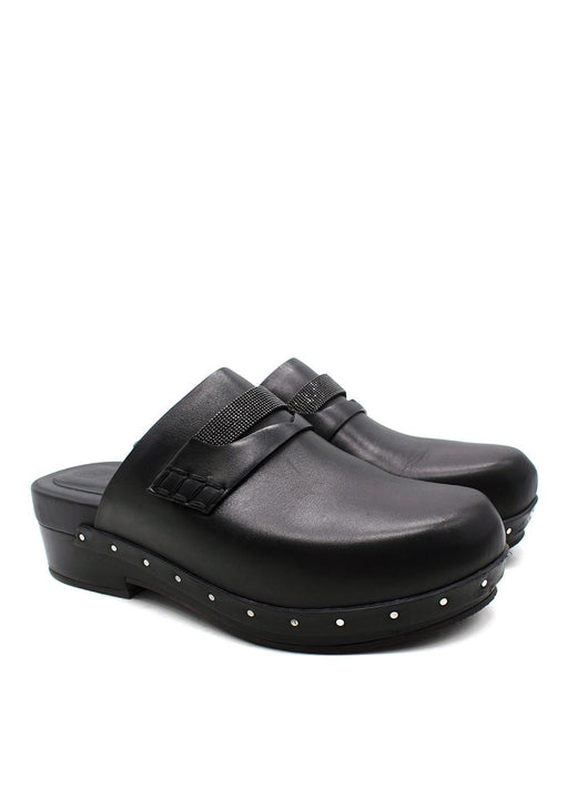 Brunello Cucinelli Black Bead-Embellished Leather Clogs