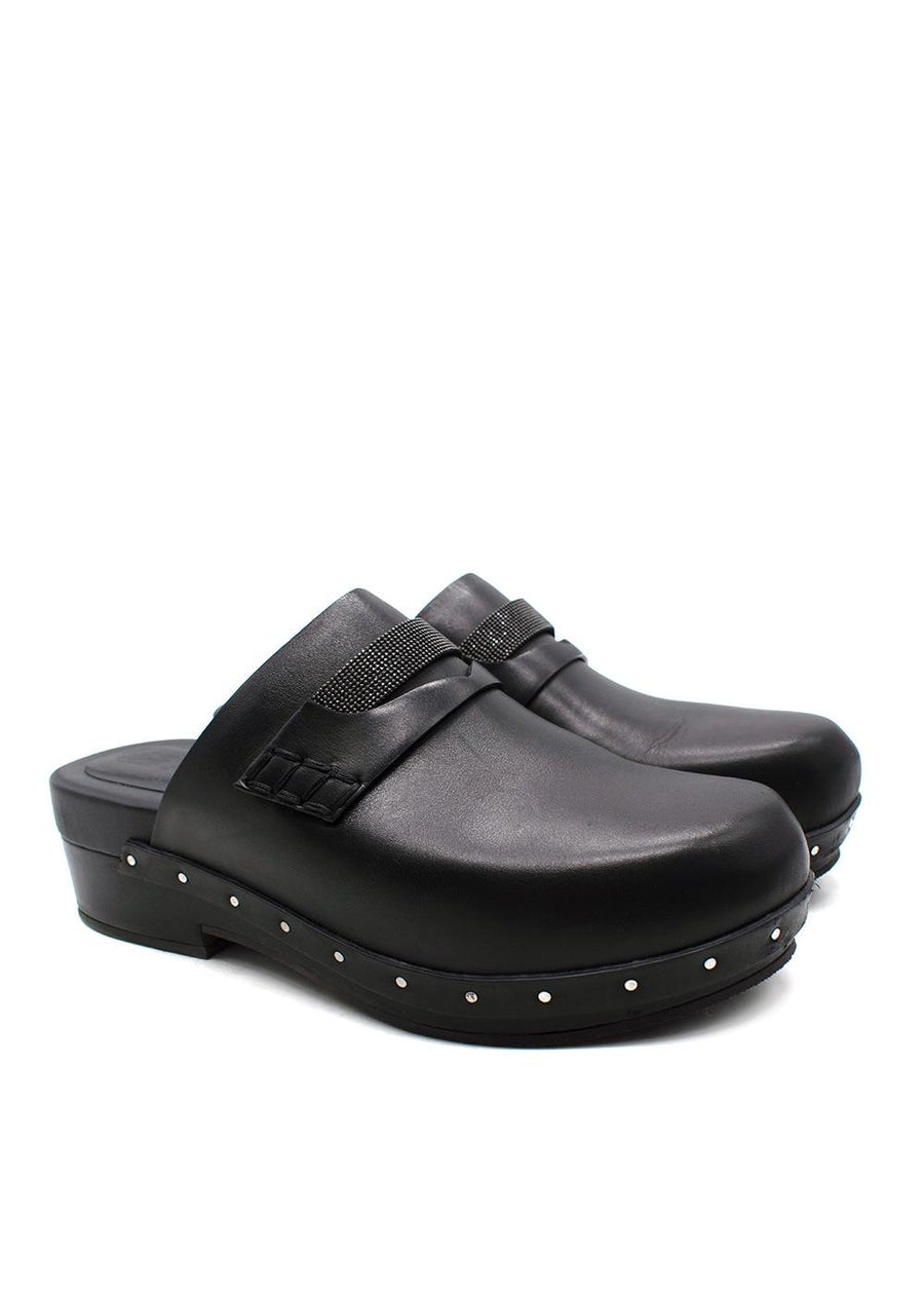 Brunello Cucinelli Black Bead-Embellished Leather Clogs