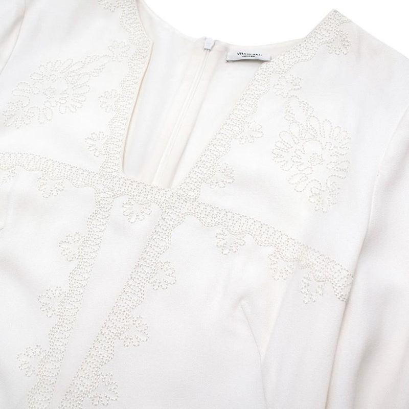 Vilshenko Embroidered Cream Crepe Midi Dress