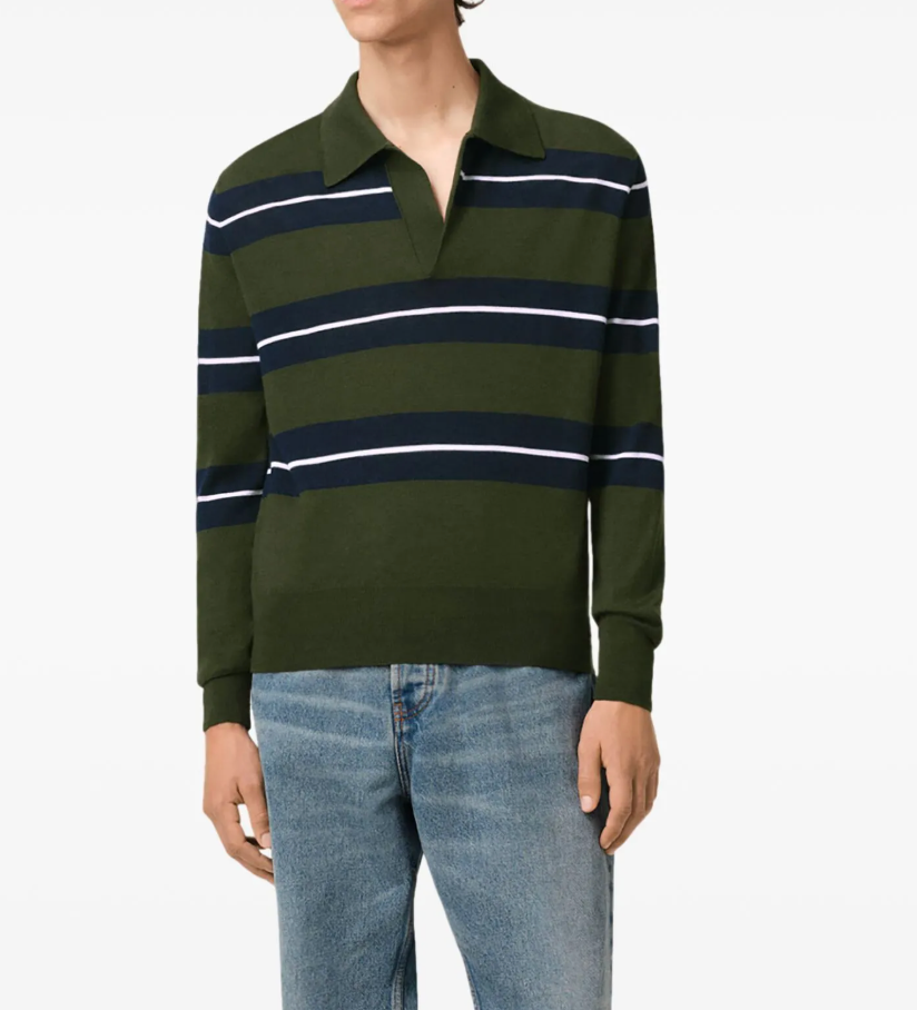 Ami Paris Green Wool-Silk Stripe Polo Shirt