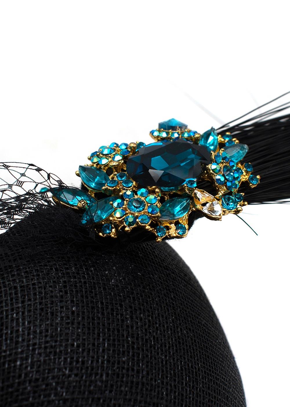 Black & Peacock Blue Crystal Embellished Mini Disc Fascinator with Veil
