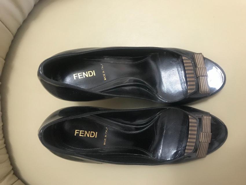 Fendi Striped-Bow Patent Leather Peep-Toe Pumps