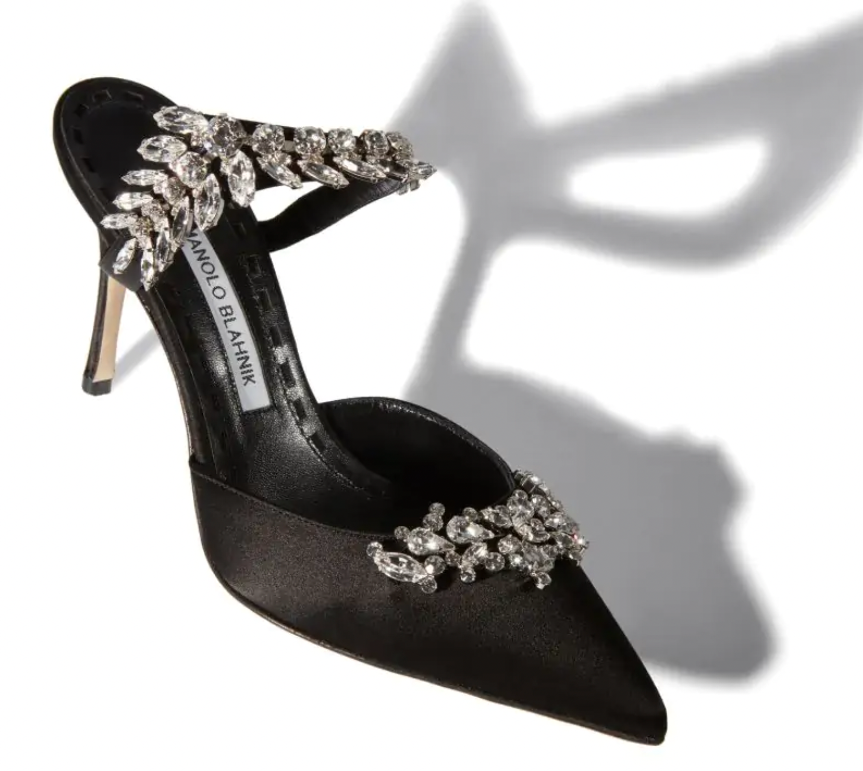 Manolo Blahnik Black Satin Crystal Embellished Mules