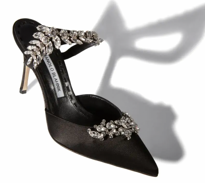 Manolo Blahnik Black Satin Crystal Embellished Mules