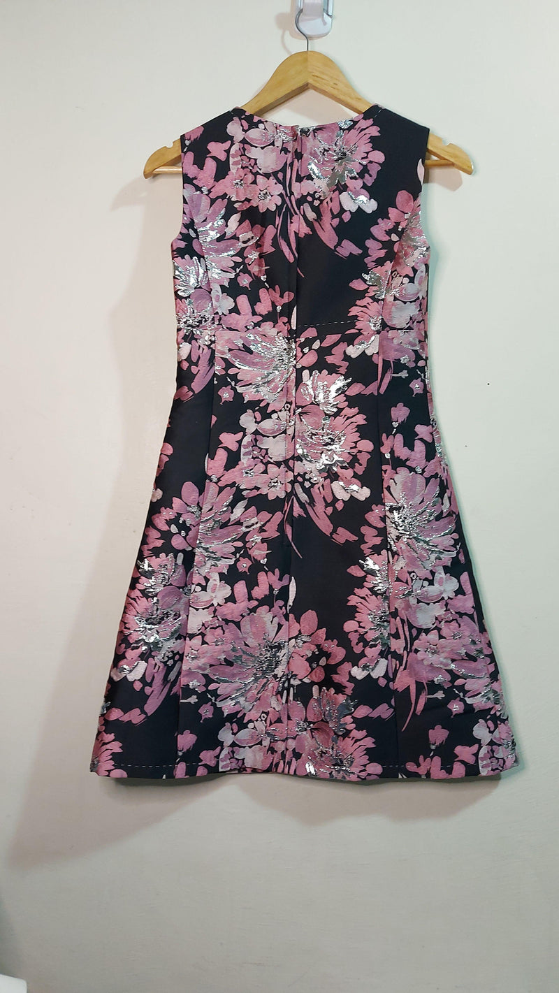 pink & black floral Duchesse satin dress