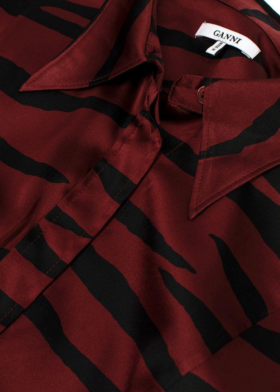 Ganni Deep Red Tiger Print Silk Shirt