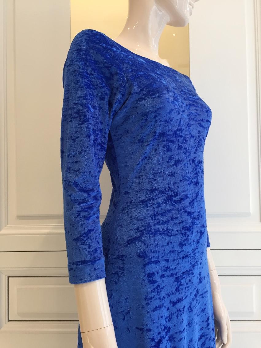 French Couture Electric Blue Panne Velvet V Back Dress
