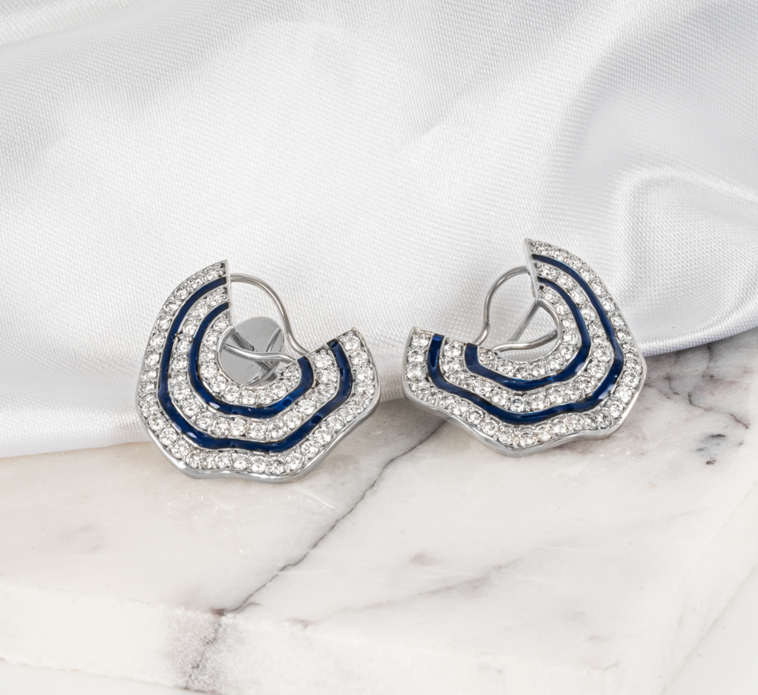 18ct white gold, diamond & enamel wave earrings