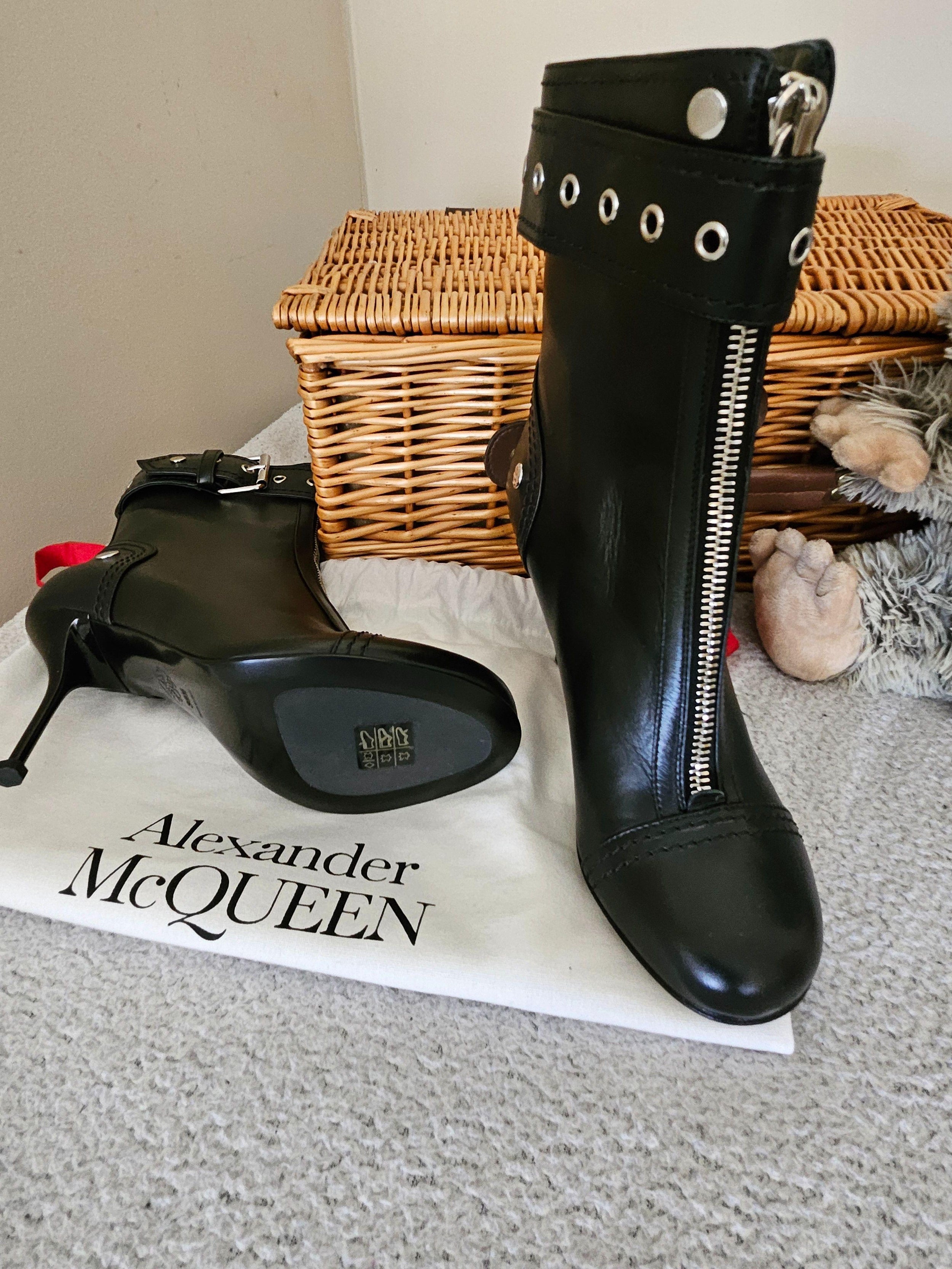 Alexander McQueen Black Buckle Heeled Ankle  Boots