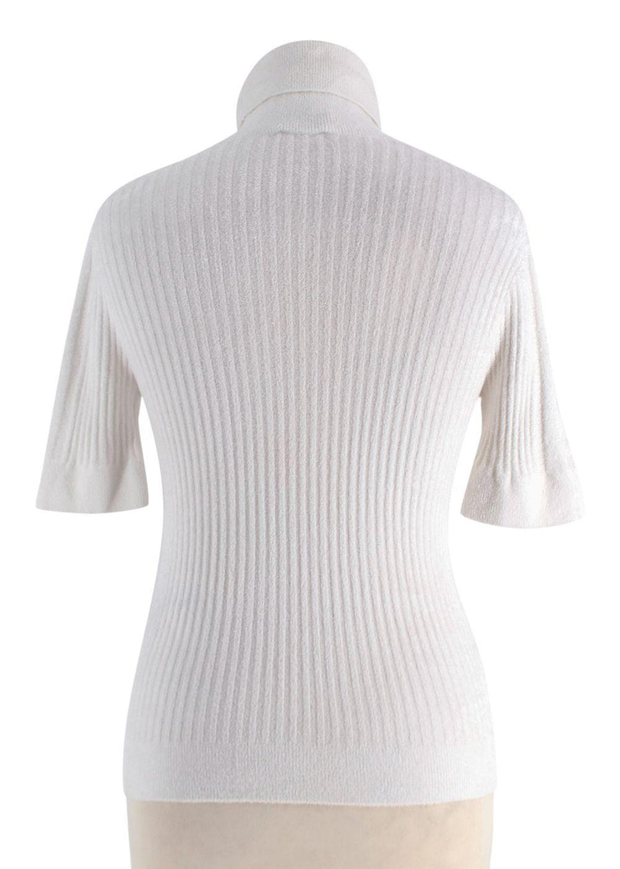 Chanel Faux Pearly and Crystal CC  Short Sleeved Ribbed Knit Top