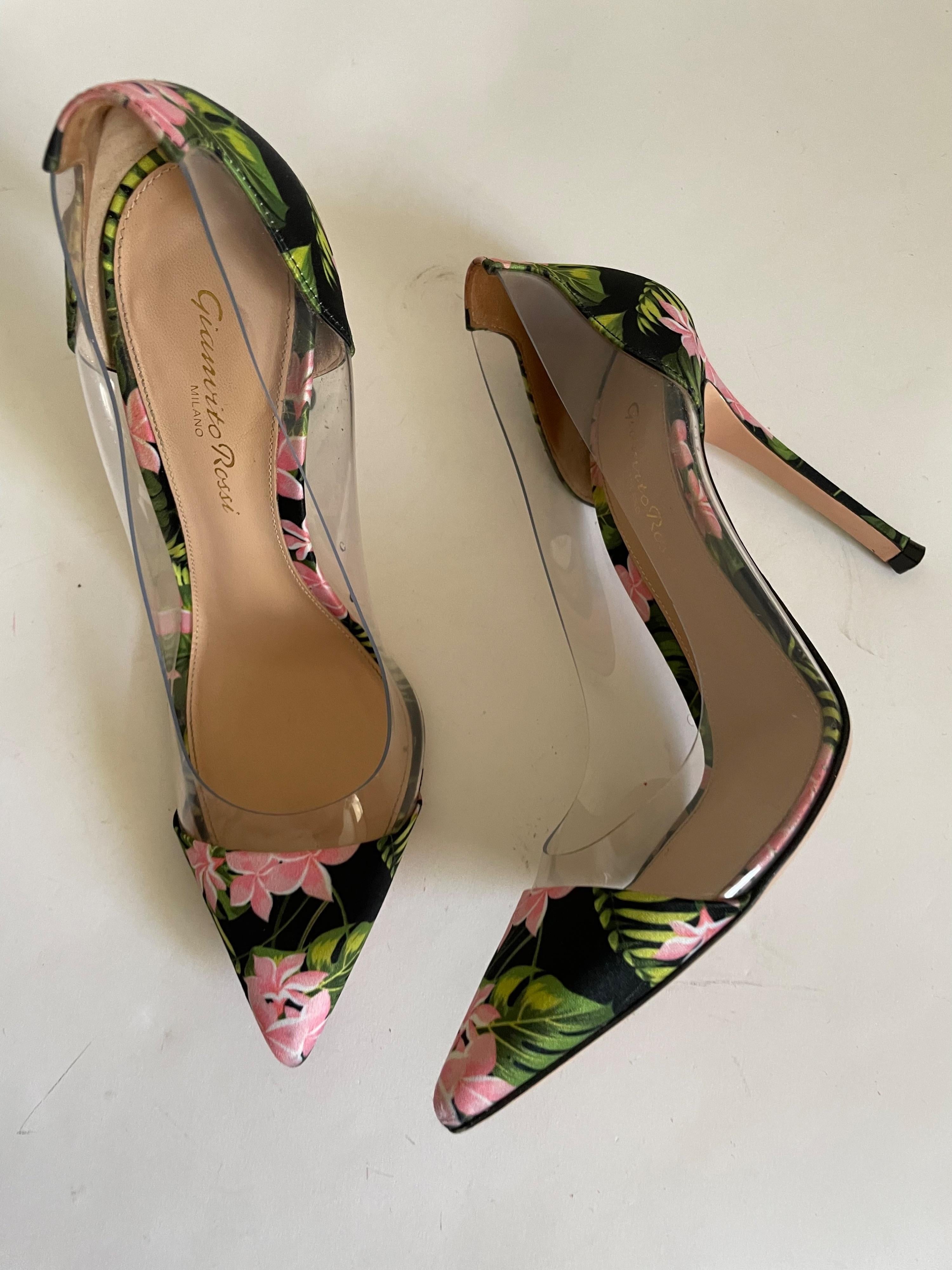 floral satin & PVC Plexi heeled pumps