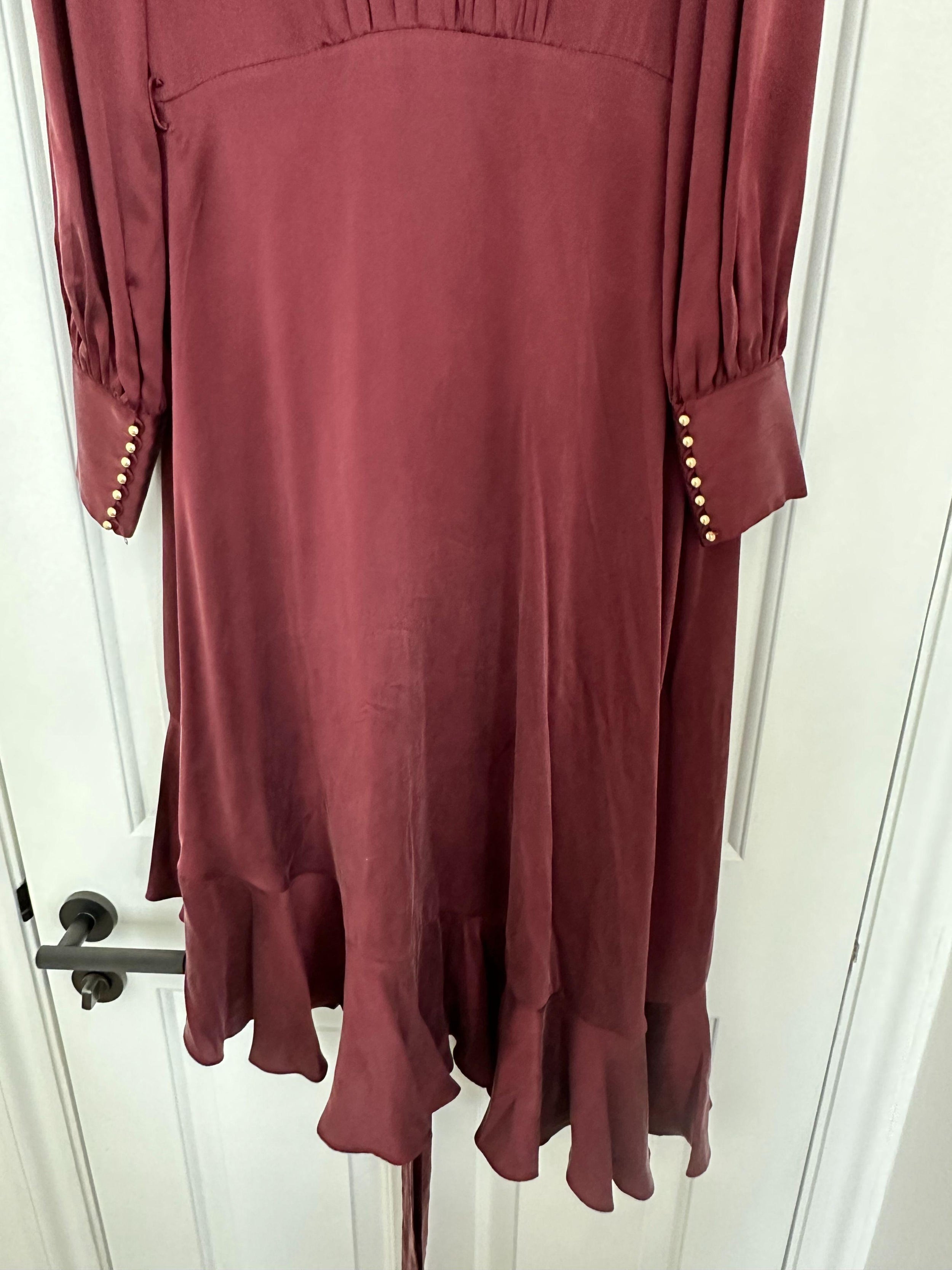 Burgundy Silk Satin Wrap Midi Dress