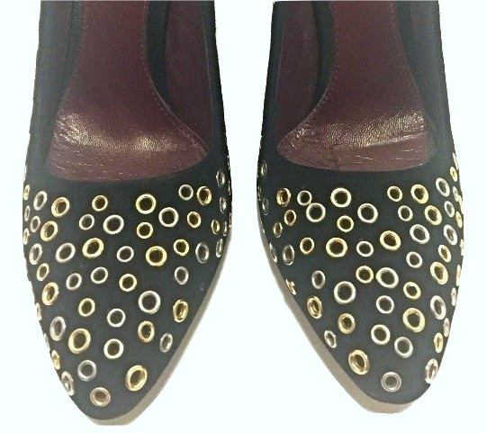 Prada Black and Gold Eyelet Pumps