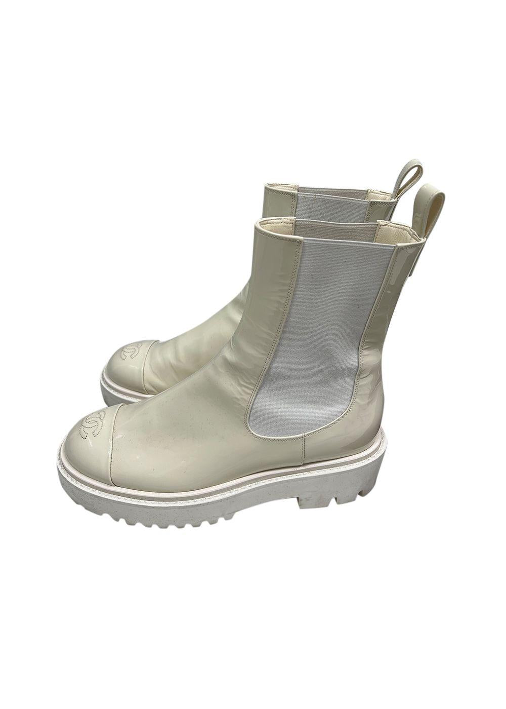 White Patent Leather CC Chunky Boots