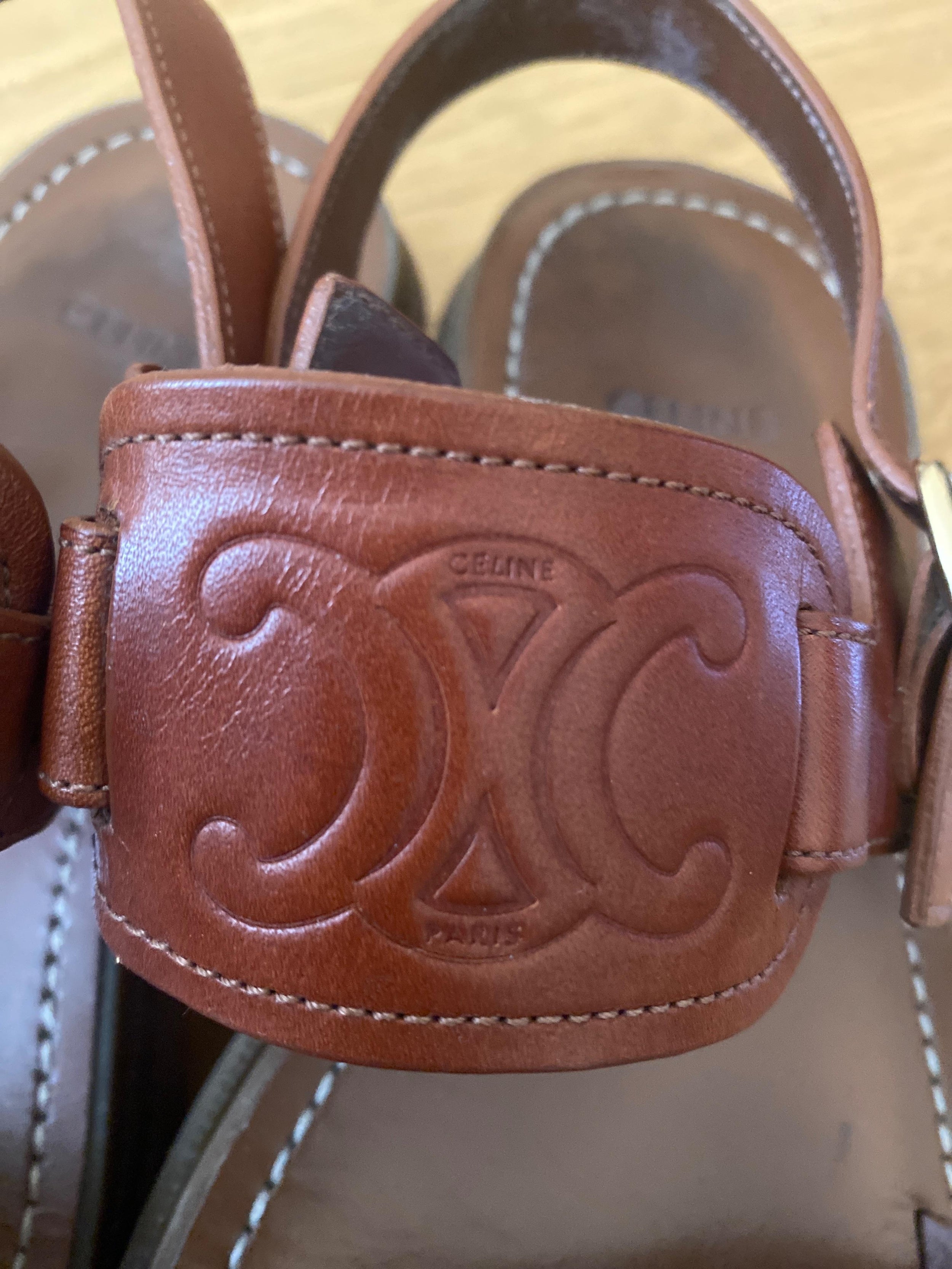 Sold Out Tan Leather Celine Logo Sandals