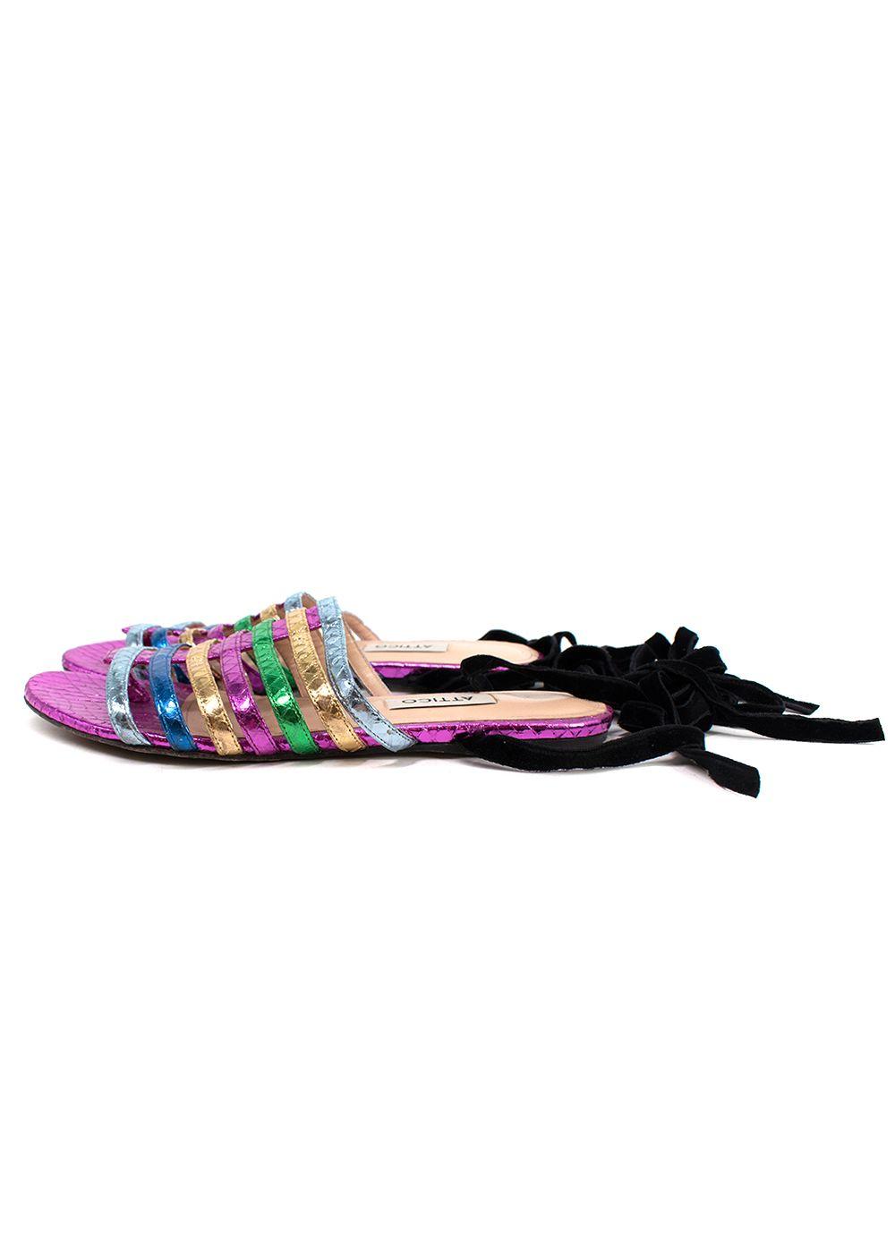 Metallic Rainbow Snake Embossed Lace-up Flat Sandals
