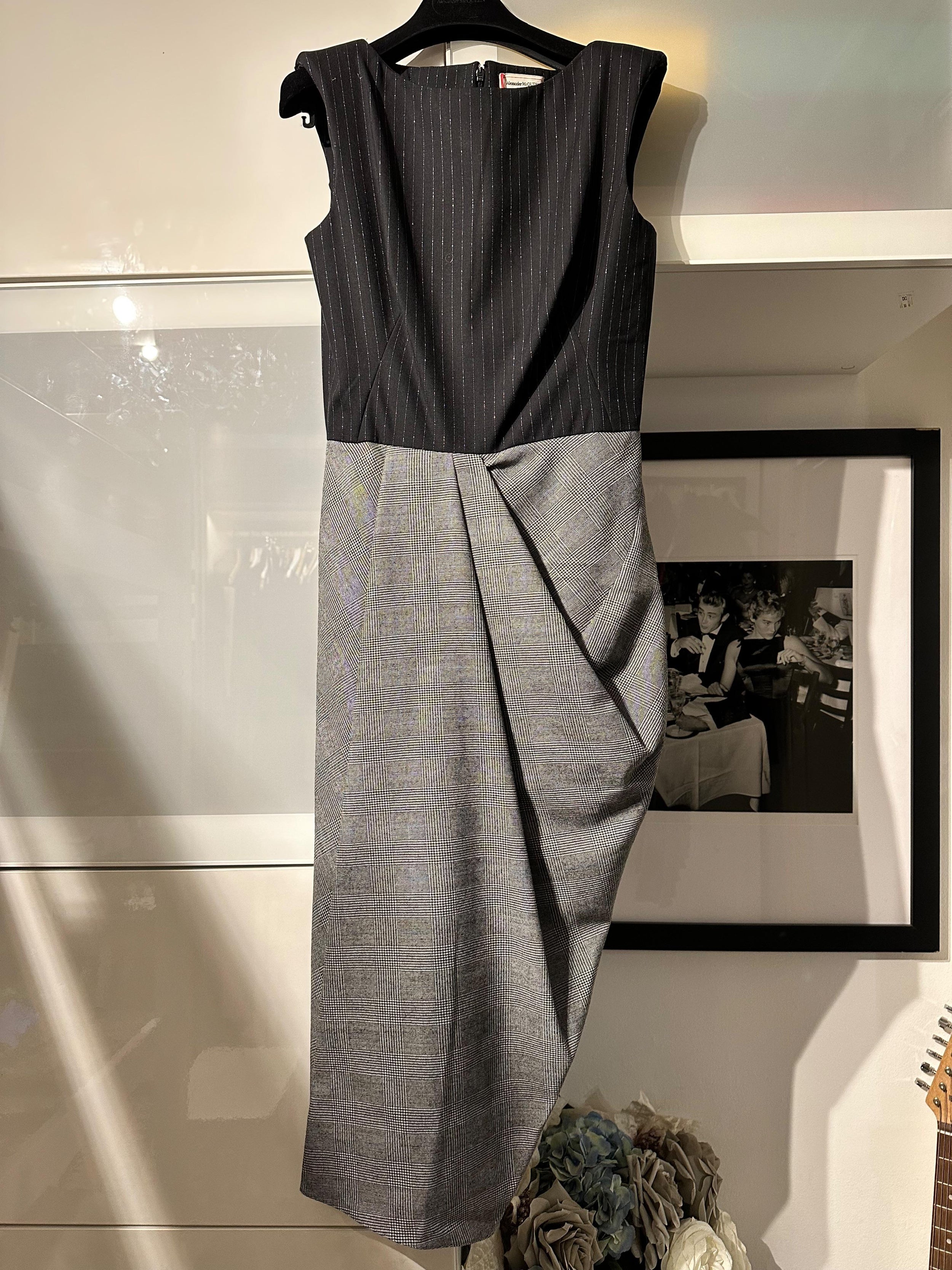 Alexander Mcqueen Pinstripe and Checked Wool Midi Dress