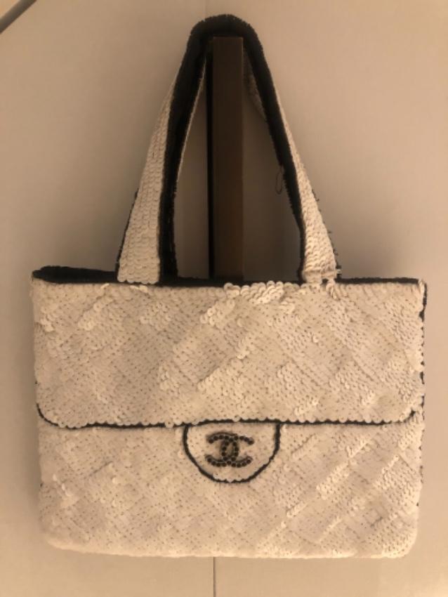 Chanel White Vintage CC Sequin Tote Bag