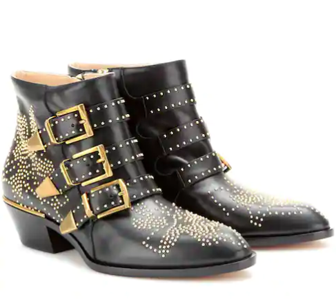 Chloe Black Leather Susanna Gold-Tone Studded Ankle Boots