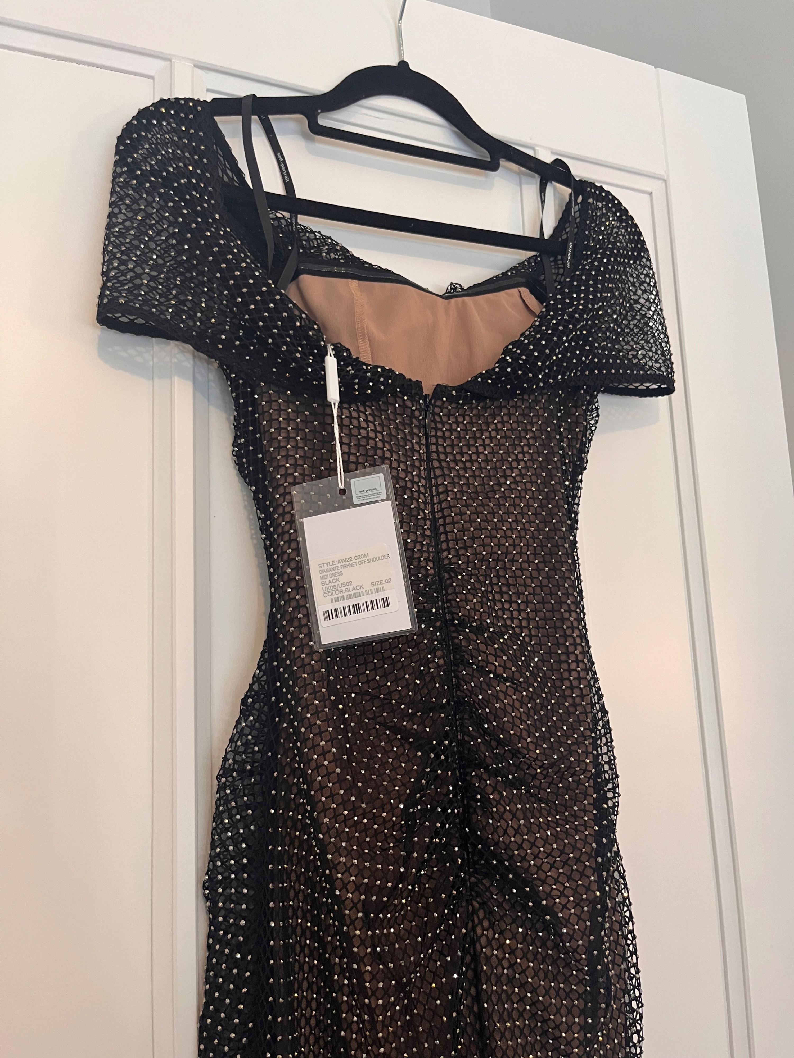 Diamante Fishnet Off Shoulder Midi Dress