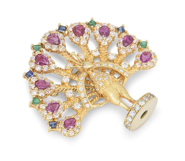 Bespoke Yellow Gold Diamond, Ruby, Sapphire & Emerald Peacock Brooch
