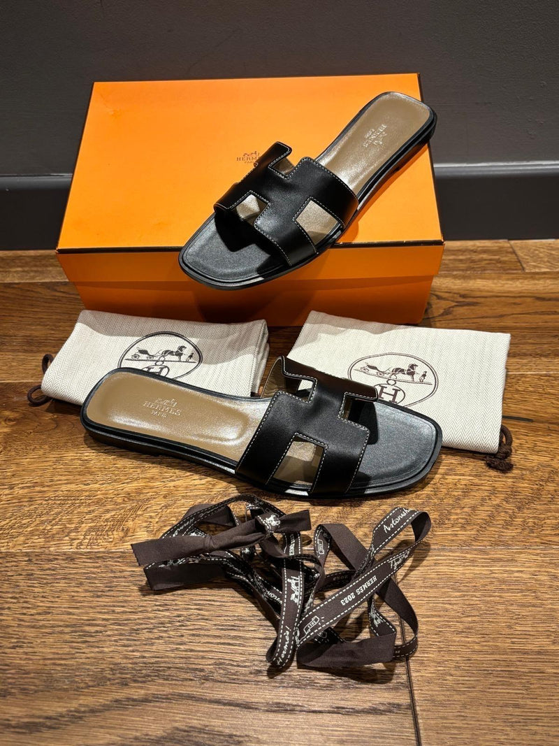 Hermes Black Leather Oran Sandals