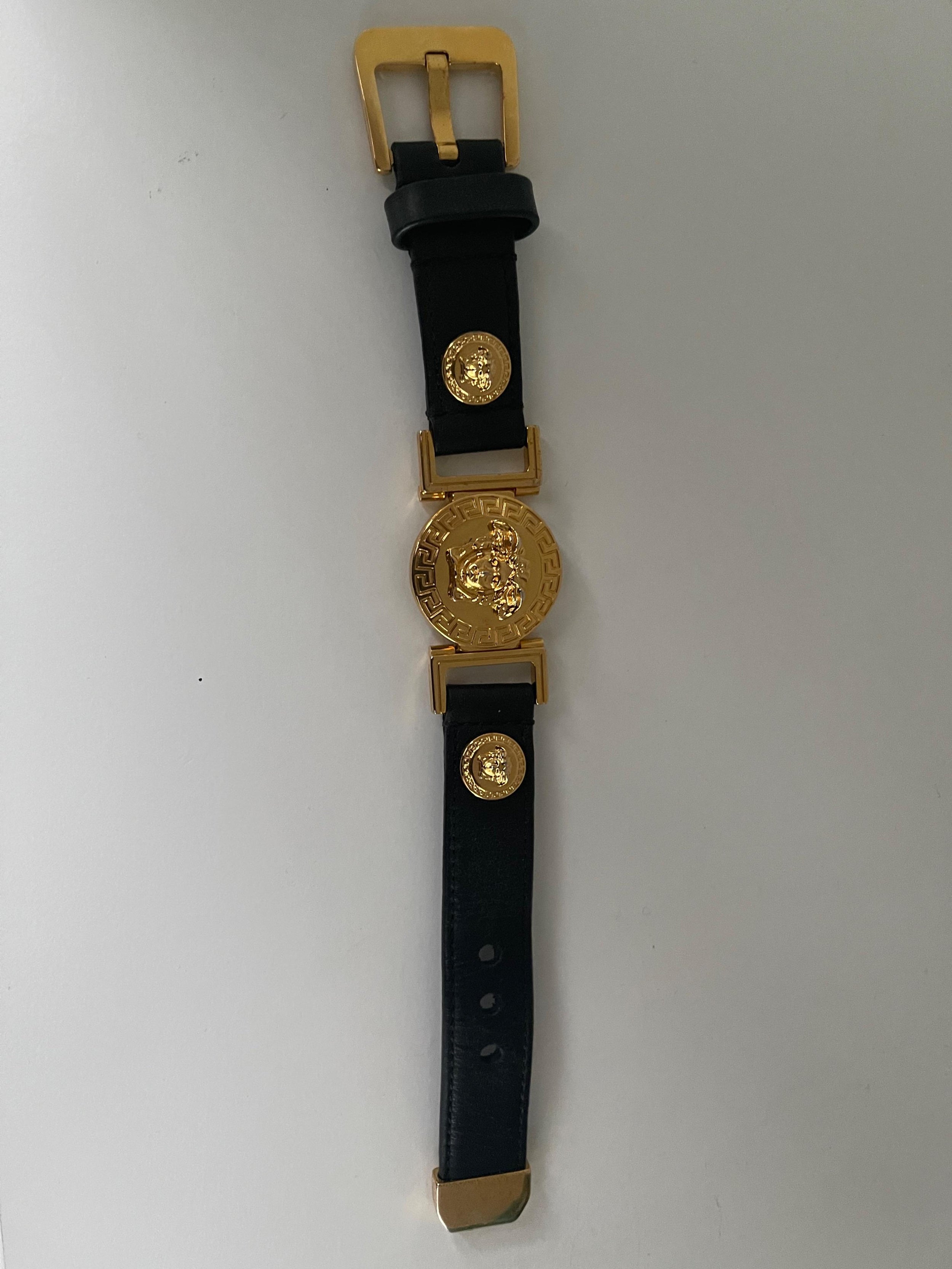 Black leather & gold-tone metal Medusa bracelet
