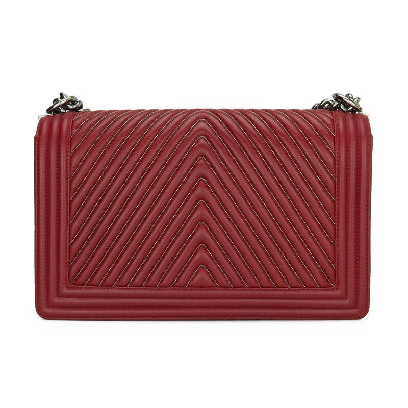 Dark Red Chain-trimmed Chevron Boy Bag