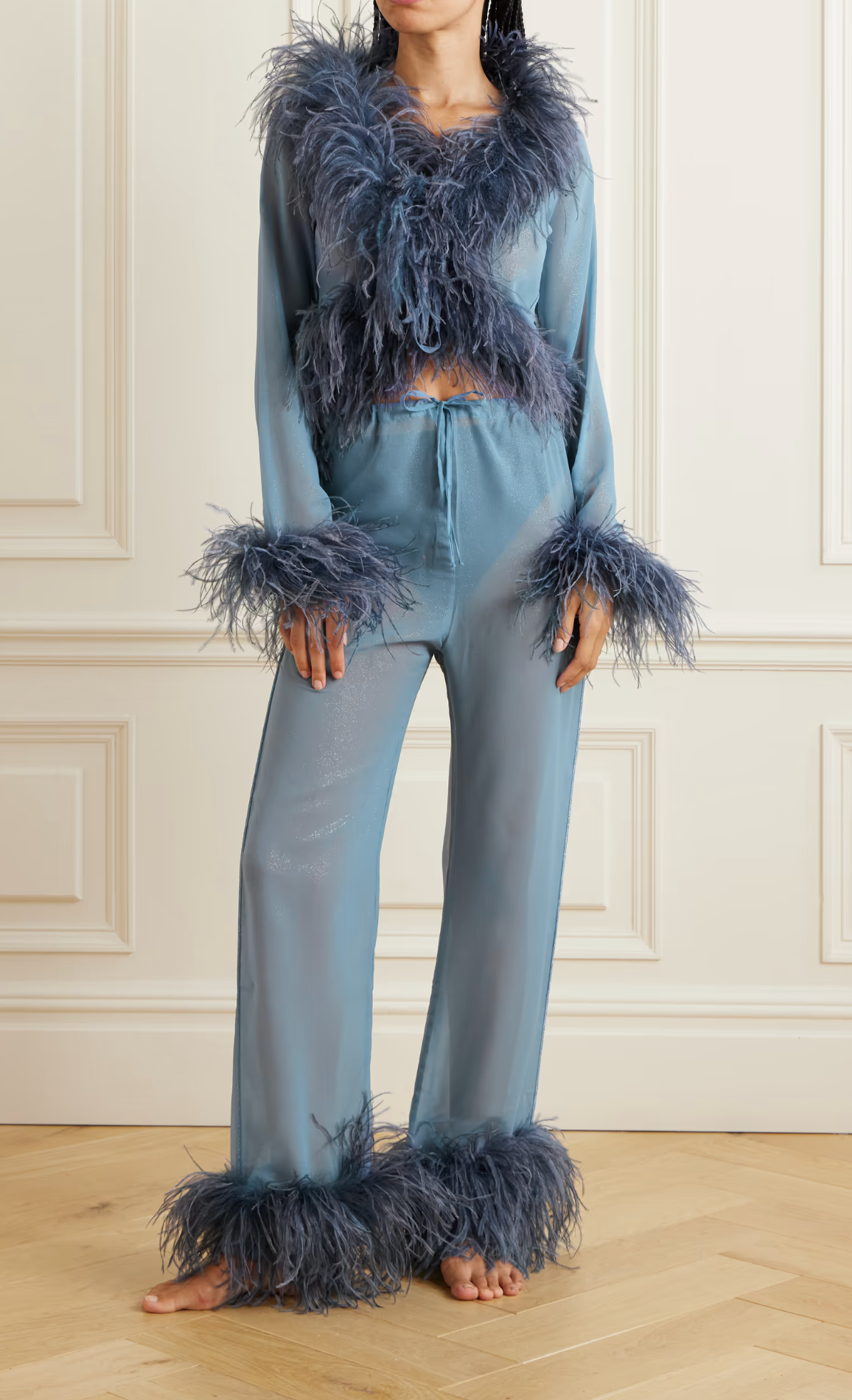 OSÉREE Lumière Feather-Trimmed Glittered Chiffon Straight-Leg Pants