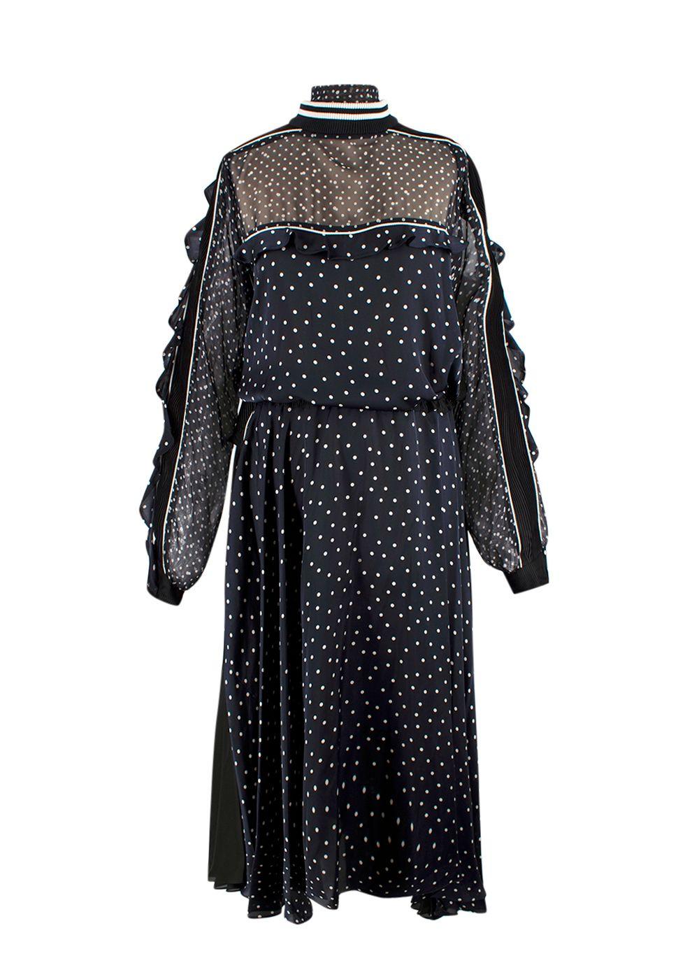 Sacai Navy Polka Dot Long Sleeve Midi Dress