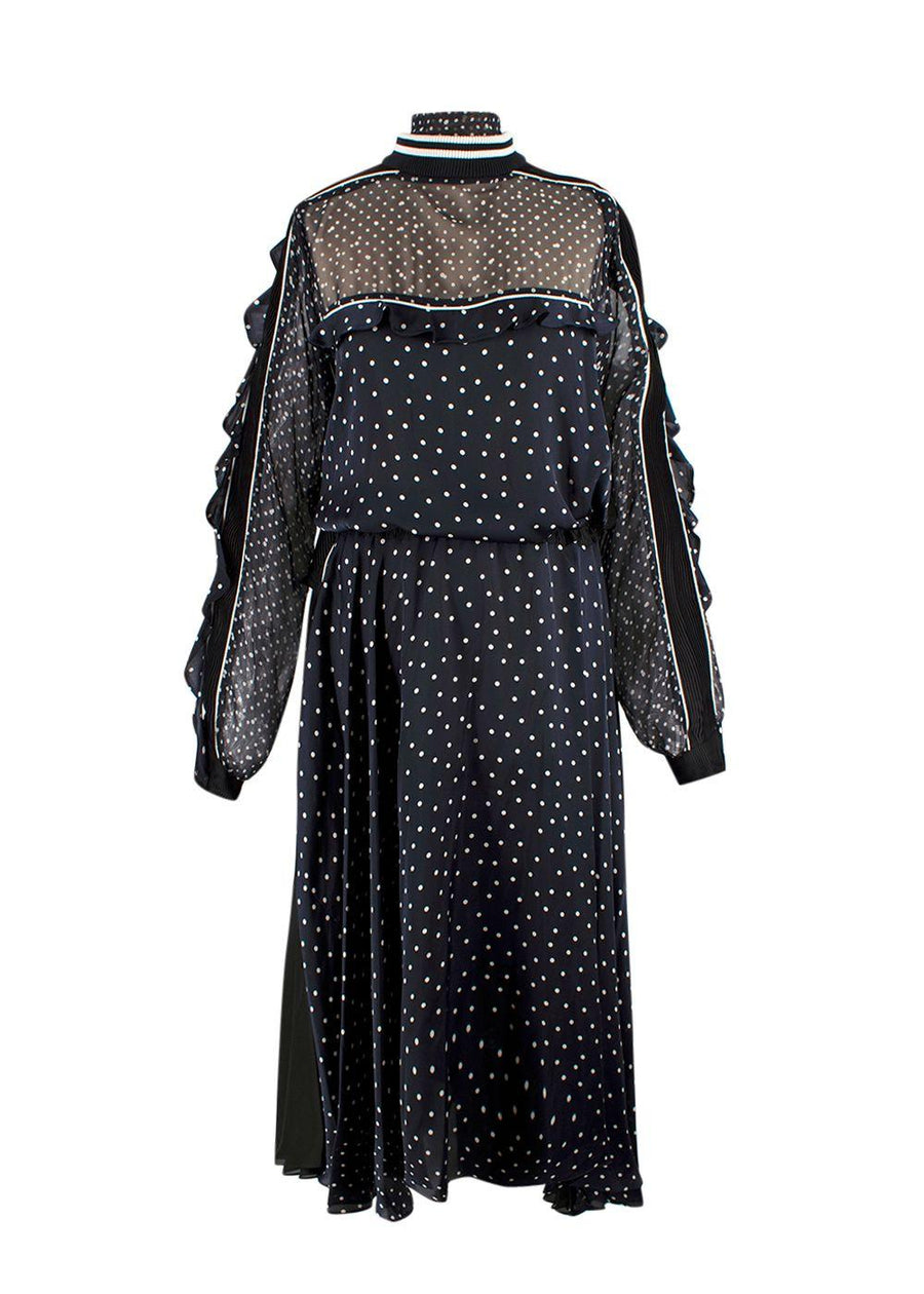 Sacai Navy Polka Dot Long Sleeve Midi Dress