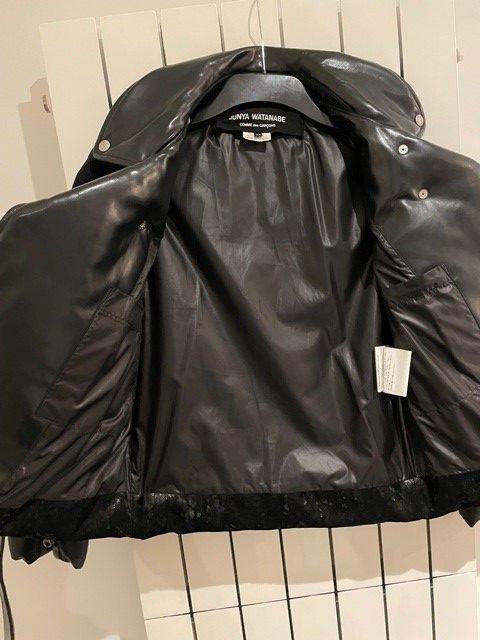 Black faux-leather & fabric patchwork padded biker jacket
