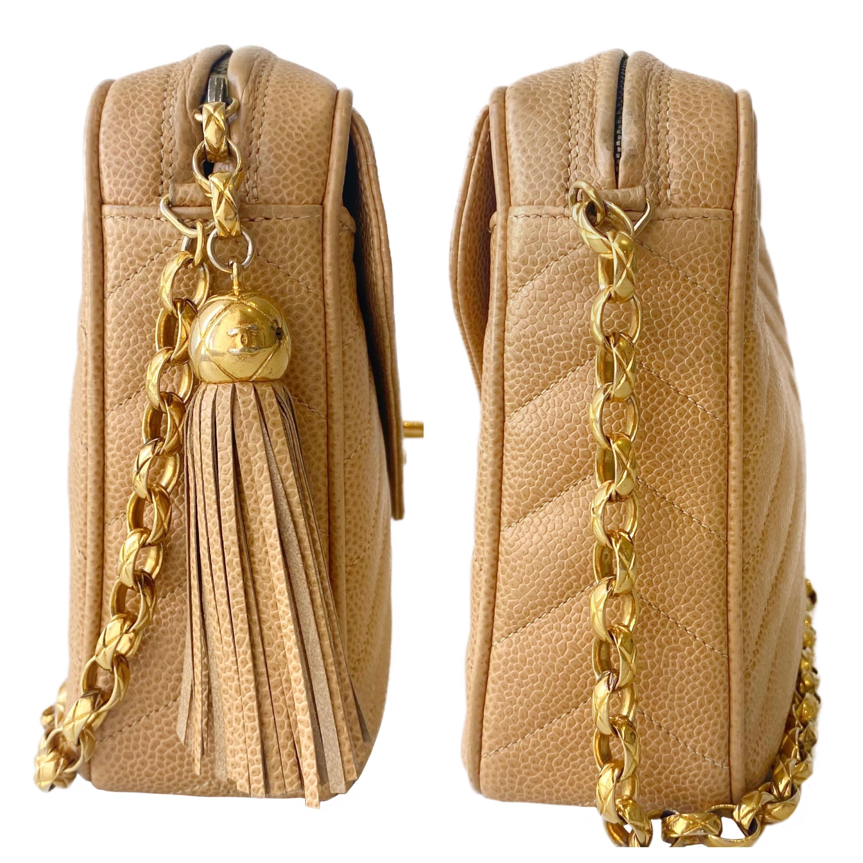 Beige Quilted Chevron Caviar Bijoux Camera Flap Bag