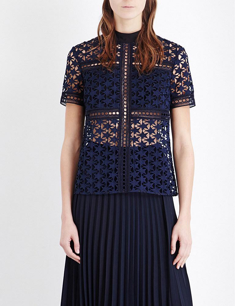 Navy Blue Star Lace Short Sleeved Blouse