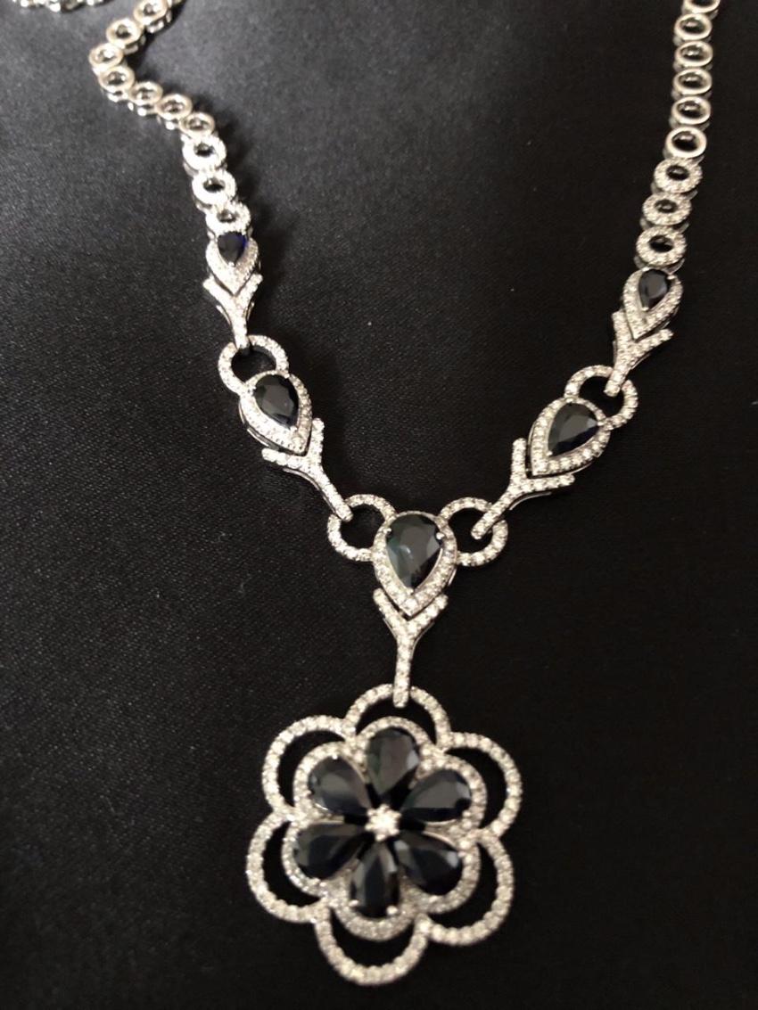 Bespoke 18ct White Gold Diamond & Sapphire Floral Jewellery Suite