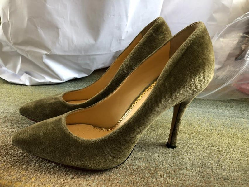 Charlotte Olympia Khaki Velvet Pumps