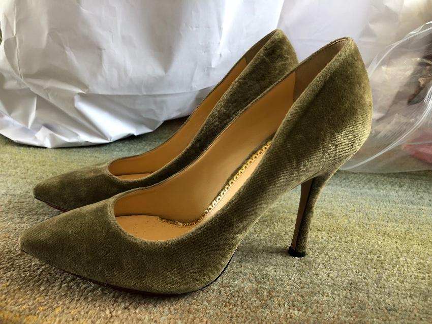 Charlotte Olympia Khaki Velvet Pumps