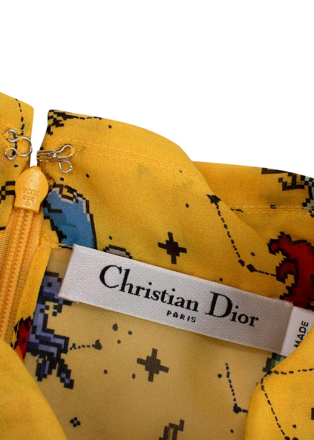 Dior Yellow Pixel Zodiac Pattern Silk Midi Dress
