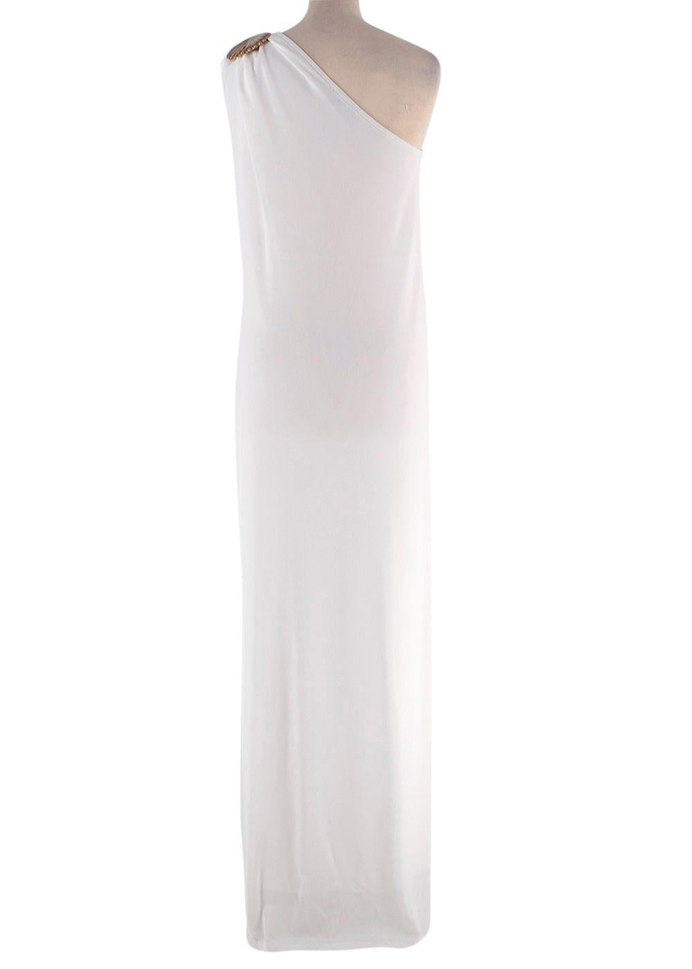 Elena Makri White One Shoulder Maxi Dress with Gold Shell Detail