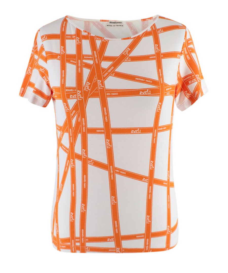 Hermes Orange & White Bolduc Ribbon Print T-shirt