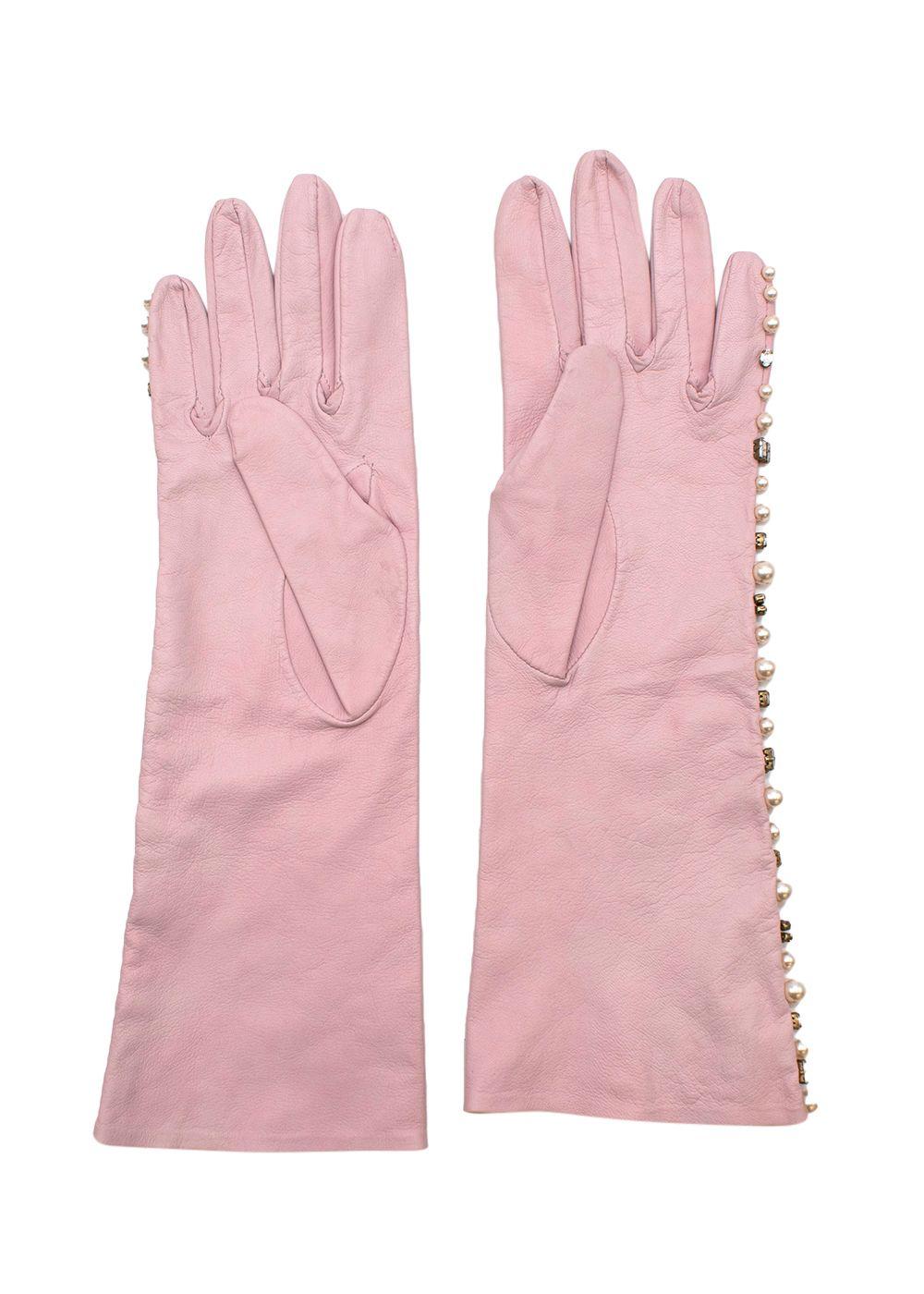 Pearl and Crystal Embellished Pink Leather Gloves