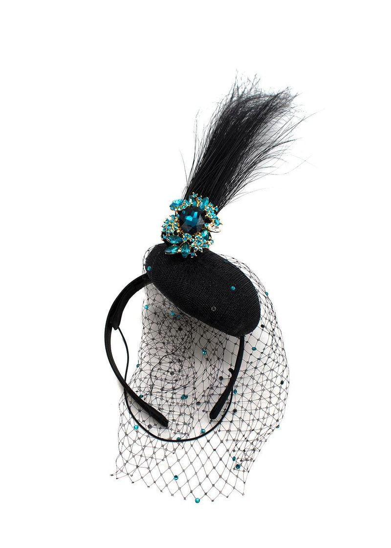 Black & Peacock Blue Crystal Embellished Mini Disc Fascinator with Veil